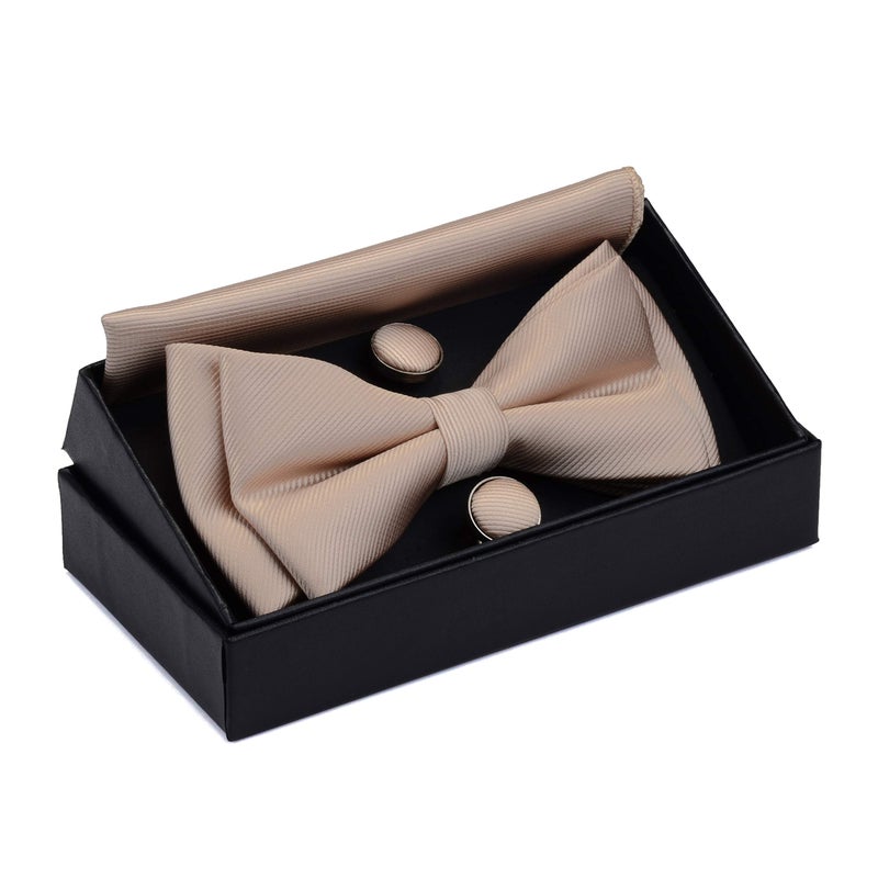 GUSLESON Champagne Bow Tie and Pocket Square Cufflink Sets Mnes Wedding Double Fold Pre-tied Bow Ties (0577-10) - Image 2